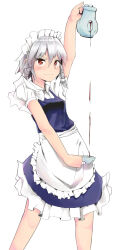  1girl alternate_eye_color apron blue_dress blush bow braid breasts commentary_request cup decantering dress frilled_apron frills grey_hair hair_between_eyes hair_bow highres holding holding_cup holding_teapot izayoi_sakuya looking_at_viewer maid maid_headdress medium_bangs orange_eyes pinafore_dress shirt short_hair short_sleeves shu187 side_braids simple_background skirt sleeveless sleeveless_dress small_breasts solo tea teacup teapot touhou twin_braids waist_apron white_apron white_background white_bow white_shirt 