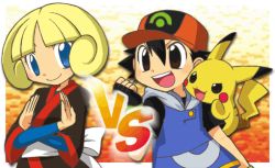  &gt;:d 1boy 1girl :d arm_at_side ash_ketchum baseball_cap black_gloves black_hair black_kimono blonde_hair blue_eyes blue_shirt brown_eyes clenched_hand closed_mouth confrontation creatures_(company) fingerless_gloves frontier_brain game_freak gen_1_pokemon gloves greta_(pokemon) hair_between_eyes hand_up hands_up hat japanese_clothes kimono looking_at_another lowres nintendo on_shoulder open_mouth pikachu pokemon pokemon_(anime) pokemon_(creature) pokemon_emerald pokemon_on_shoulder pokemon_rse red_headwear round_teeth shirt short_hair short_sleeves smile teeth upper_body upper_teeth_only  rating:Sensitive score:3 user:wolffan