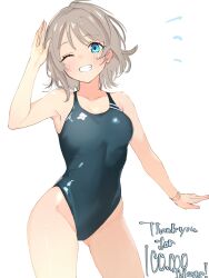  1girl absurdres blush breasts brown_hair competition_swimsuit gluteal_fold highres legs love_live! love_live!_sunshine!! medium_breasts one-piece_swimsuit one_eye_closed salute short_hair smile solo swimsuit thighs ukitaryu watanabe_you 