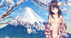  1girl blue_sky blush breasts cherry_blossoms closed_mouth day female_focus floral_print flower hair_between_eyes hair_flower hair_ornament highres japanese_clothes kimono long_hair medium_breasts mount_fuji mountain n.g. naked_kimono navel nipples open_clothes open_kimono original outdoors purple_eyes purple_hair sky solo 