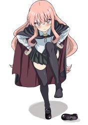  1girl absurdres black_thighhighs blush cloak feet hands_on_own_hips highres hisaku111 long_hair looking_at_viewer louise_francoise_le_blanc_de_la_valliere mary_janes pink_eyes pink_hair shoes thighhighs unworn_shoes zero_no_tsukaima 