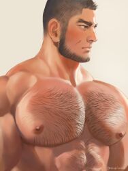 1boy abs bara chest_hair closed_mouth facial_hair facial_scar golden_kamuy large_pectorals long_sideburns male_focus mature_male muscular muscular_male nipples nopinzo pectorals scar scar_on_cheek scar_on_face sideburns simple_background solo tanigaki_genjirou twitter_username white_background 