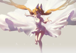  1girl animal_ears bare_legs bare_shoulders barefoot brown_eyes brown_hair chelonia collarbone dress flat_chest fox_ears fox_girl grey_background hair_between_eyes hands_up highres leg_up long_hair looking_at_viewer low_twintails original outstretched_arm parted_lips reaching reaching_towards_viewer signature simple_background smile solo standing standing_on_one_leg strapless strapless_dress teeth twintails very_long_hair white_dress 