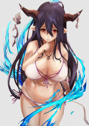1girl absurdres antenna_hair bandaged_arm bandages bare_shoulders bikini blush breasts collarbone crescent danua draph granblue_fantasy hair_between_eyes highres horn_ornament horns hotate-chan huge_filesize jewelry large_breasts long_hair looking_at_viewer navel necklace pointy_ears purple_hair red_eyes simple_background solo swimsuit thighs thumb_sucking white_bikini rating:Sensitive score:22 user:danbooru