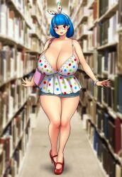  1girl absurdres bag blue_hair blunt_bangs blurry blurry_background bob_cut bow_hairband bracelet breasts collarbone curvy dress erkaz full_body glasses hairband handbag heels highres huge_breasts jewelry library looking_at_viewer original parted_lips polka_dot red_eyes rina_atherina shiny_skin short_dress short_hair solo thick_thighs thighs veins veiny_breasts wide_hips 
