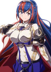  1girl absurdres alear_(female)_(fire_emblem) alear_(fire_emblem) blue_eyes blue_hair bow bowtie braid breasts crossed_bangs crown_braid fire_emblem fire_emblem_engage heterochromia highres large_breasts multicolored_hair nintendo red_eyes red_hair tiara to_(tototo_tk) two-tone_hair white_bow white_bowtie 