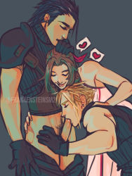  1girl 2boys aerith_gainsborough bisexual_male cloud_strife crisis_core_final_fantasy_vii fellatio final_fantasy final_fantasy_vii group_sex hand_on_another&#039;s_head highres multiple_boys muscular muscular_male oral penis sleeveless square_enix threesome zack_fair  rating:Explicit score:39 user:bllewd