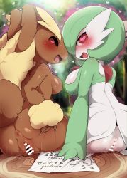  2girls animal_ears anus ass bar_censor blurry blurry_background body_fur breasts brown_fur censored creatures_(company) dagashi_(daga2626) from_behind furry furry_female game_freak gardevoir gen_3_pokemon gen_4_pokemon heart heart-shaped_pupils highres hypnosis large_breasts looking_at_viewer looking_back lopunny mind_control multiple_girls nintendo pokemon pussy red_eyes saliva sideboob sitting symbol-shaped_pupils tail  rating:Explicit score:215 user:danbooru