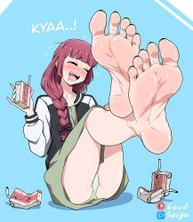  1girl alcohol_carton artist_logo artist_name barefoot black_bow black_jacket black_nails blue_background blunt_bangs blush bocchi_the_rock! bow braid braided_ponytail collarbone commentary crossed_ankles dress drunk english_commentary feet foot_focus foreshortening full_body green_dress green_panties hair_bow hair_over_shoulder hand_up hiroi_kikuri holding holding_carton jacket legs legs_up lewdsaiga long_sleeves multicolored_clothes multicolored_jacket nail_polish open_clothes open_jacket open_mouth panties partially_visible_vulva patreon_logo pixiv_logo purple_hair sharp_teeth soles solo teeth toenail_polish toenails toes two-tone_jacket underwear upper_teeth_only white_jacket 