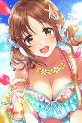  1girl absurdres bare_shoulders bikini blue_sky blurry blush breasts brown_eyes brown_hair cleavage collarbone depth_of_field dot_nose falling_petals floating_hair floral_print_bikini flower flower_necklace frilled_bikini frills hair_ornament hair_scrunchie hairclip highres idolmaster idolmaster_cinderella_girls idolmaster_cinderella_girls_starlight_stage jewelry large_breasts long_hair looking_at_viewer migaku1783 navel necklace o-ring o-ring_bikini o-ring_top open_mouth pearl_hair_ornament petals scrunchie sky smile solo splashing starfish_hair_ornament swimsuit teeth totoki_airi twintails two-tone_bikini two-tone_scrunchie upper_body upper_teeth_only 