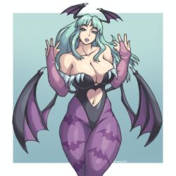 1girl artist_name bare_shoulders bat_wings breasts capcom cleavage clothing_cutout collarbone curvy demon_girl fingerless_gloves gloves green_eyes green_hair half-closed_eyes highres large_breasts legs leotard long_hair looking_at_viewer morrigan_aensland navel navel_cutout parted_lips pink_lips seductive_gaze thick_thighs thighs vampire_(game) wide_hips wings