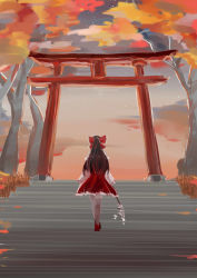  1girl absurdres bow detached_sleeves facing_away frills from_behind from_below gohei hair_bow hair_tubes hakurei_reimu highres holding holding_stick long_hair red_bow red_skirt ribbon-trimmed_sleeves ribbon_trim scenery siraele skirt skirt_set solo stairs standing star_(sky) stick thighhighs torii touhou tree twilight white_thighhighs wide_sleeves 