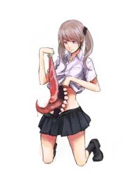  1girl brown_hair clothes_lift extra_mouth feeding food full_body jittsu kneeling loafers long_tongue meat monster_girl open_mouth original purple_eyes school_uniform shirt_lift shoes simple_background skirt solo stomach_mouth teeth tongue tongue_out twintails  rating:Sensitive score:28 user:danbooru
