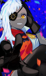  1girl absurdres black_gloves black_hair black_thighhighs blue_background blue_flower blue_rose clothing_request crossed_legs dark_skin epaulettes eyepatch fang fang_out flower forehead gloves grin head_wings highres long_hair lugosi_(show_(ado)) multicolored_hair orange_eyes outstretched_hand parted_bangs rose show_(ado) sitting smile solo split-color_hair thighhighs upper_body white_hair wings yellow_eyes yuutafunaki 