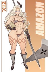 1girl abs amazon_(dragon&#039;s_crown) armor artist_name bikini_armor blonde_hair boots breasts character_name cleavage dragon&#039;s_crown full_body gloves halberd hand_on_own_hip large_breasts looking_at_viewer muscular muscular_female polearm solo tattoo thick_thighs thighs vanillaware watermark weapon web_address x-t3al rating:Sensitive score:80 user:danbooru