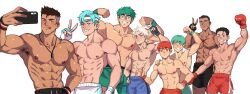 6+boys abs absurdres armpit_hair armpits black_hair blonde_hair blue_eyes blue_hair boxing_gloves dog_tags facial_scar fingerless_gloves glasses gloves green_eyes green_hair group_picture height_difference highres jackray85674939 male_focus multiple_boys muscular muscular_male nipples one_eye_closed original pectorals red_eyes scar scar_on_cheek scar_on_face shiny_skin tonge_out topless_male white_background wink wristband