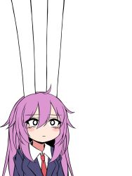  1girl ? animal_ears black_eyes black_jacket blazer blush bright_pupils closed_mouth collared_shirt commentary expressionless grey_background hair_between_eyes jacket long_bangs long_hair meme necktie purple_hair rabbit_ears rabbit_girl red_necktie reisen_udongein_inaba shirt siw0n solo symbol-only_commentary thumbnail_surprise touhou twitter_rabbit_ears_(meme) upper_body very_long_ears white_pupils white_shirt 
