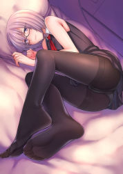 1girl armpit_peek ass bad_id bad_pixiv_id bare_arms bare_shoulders bed bed_sheet black-framed_eyewear black_dress black_pantyhose blush closed_mouth collar collared_dress commentary_request crotch_seam dress eyes_visible_through_hair fate/grand_order fate_(series) feet fine_fabric_emphasis foot_focus foreshortening from_above glasses hair_over_one_eye highres indoors kyuuso_inukami legs_together light_purple_hair lips looking_at_viewer lying mash_kyrielight necktie no_shoes on_bed on_side panties panties_under_pantyhose pantyhose pillow purple_eyes red_necktie short_hair sleeveless sleeveless_dress smile soles solo thighband_pantyhose toenails toes underwear white_collar rating:Sensitive score:56 user:danbooru