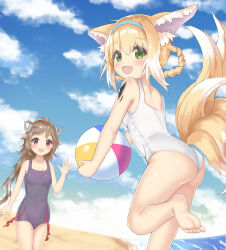  2girls animal_ears arknights ass ball barefoot beach beachball blonde_hair blue_hairband blue_one-piece_swimsuit blue_sky brown_hair cloud cloudy_sky commentary covered_navel curled_horns day eyjafjalla_(arknights) fox_ears fox_tail green_eyes hairband highres holding holding_ball horizon horns leaning_forward leg_up long_hair looking_at_viewer looking_back multiple_girls multiple_tails ocean one-piece_swimsuit outdoors pointy_ears purple_eyes short_hair sky standing standing_on_one_leg suzuran_(arknights) swimsuit tail waving white_one-piece_swimsuit yuetsu 