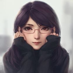  1girl artist_name black_hair black_sweater blurry blurry_background closed_mouth commentary_request glasses grey_background hands_on_own_cheeks hands_on_own_face highres kamishiro_rize long_hair long_sleeves looking_at_viewer miura-n315 nose portrait realistic red_eyes semi-rimless_eyewear sleeves_past_wrists smile solo sweater tokyo_ghoul  rating:Sensitive score:35 user:danbooru
