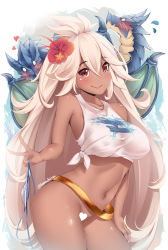 1girl ahoge arched_back artist_name belt unworn_bikini_bottom blush bottomless breasts censored closed_mouth contrapposto cowboy_shot dark-skinned_female dark_skin dragon flower flying_sweatdrops granblue_fantasy hair_between_eyes hair_flaps hair_flower hair_ornament hand_on_own_thigh heart heart_censor highres impossible_clothes impossible_shirt kanachirou large_breasts light_brown_hair long_hair looking_at_viewer navel o_o red_eyes shirt smile solo standing taut_clothes taut_shirt tied_shirt twitter_username v very_long_hair zooey_(granblue_fantasy) rating:Questionable score:39 user:danbooru