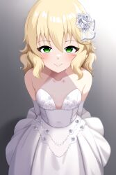  1girl absurdres bare_shoulders blonde_hair blush breasts bride closed_mouth commentary covered_navel cowboy_shot dress elbow_gloves english_commentary female_focus flower from_above gloves gradient_background green_eyes grey_background hair_between_eyes hair_flower hair_ornament highres idolmaster idolmaster_cinderella_girls looking_at_viewer medium_hair mrhunking sakurai_momoka sleeveless sleeveless_dress small_breasts smile solo standing wedding_dress white_dress white_flower white_gloves  rating:Sensitive score:65 user:danbooru
