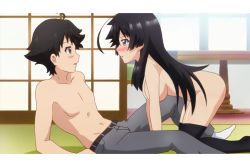  1boy 1girl absurdres belt black_hair blush breasts clothed_male_nude_female highres jinryou_karen kagurazaka_kimito long_hair nude nude_filter ore_ga_ojou-sama_gakkou_ni_&quot;shomin_sample&quot;_toshite_rachirareta_ken pants socks thighhighs thighs third-party_edit topless_male  rating:Questionable score:31 user:Anonymousest