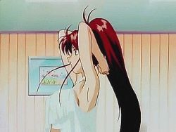  1990s_(style) 2girls animated animated_gif armpits arms_behind_head bouncing_breasts breasts camisole crop_top exercising hosokawa_reiko idol_boueitai_hummingbird idol_bouetai_hummingbird idol_defense_force_hummingbirds large_breasts long_hair lowres multiple_girls nakajou_hitomi no_bra ponytail purple_hair qvga red_hair retro_artstyle screencap very_long_hair  rating:Questionable score:89 user:Zelpher10