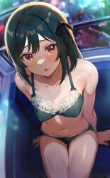  1girl black_hair blush bow bow_bra bow_panties bra breasts commentary_request covered_erect_nipples flying_sweatdrops green_bra green_panties hair_ribbon highres lace lace-trimmed_bra lace-trimmed_panties lace_trim light_frown looking_at_viewer love_live! love_live!_nijigasaki_high_school_idol_club medium_hair mifune_shioriko nervous open_mouth panties red_eyes ribbon shiitake_taishi small_breasts solo underwear underwear_only wavy_mouth  rating:Sensitive score:33 user:danbooru