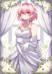  1girl absurdres alternate_costume blue_eyes breasts bride closed_mouth commentary dress earrings english_commentary flower highres honkai:_star_rail honkai_(series) jewelry kwkunai march_7th_(honkai:_star_rail) medium_breasts medium_hair pink_eyes pink_hair pink_pupils ring single_earring sleeveless sleeveless_dress smile solo tiara variant_set wedding_dress wedding_ring white_dress 