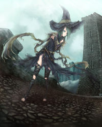  1girl black_hair blue_eyes castle demon&#039;s_souls detached_sleeves dress feet female_focus from_software hat highres ise_(pixiv2136520) long_hair no_panties outdoors sky solo witch witch_hat yuria_the_witch  rating:Questionable score:32 user:Tsaitek