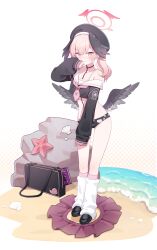  1girl absurdres bag baggy_socks bikini bikini_bottom_only black_bag black_bikini black_shirt black_wings blue_archive blush closed_mouth commentary cropped_shirt feathered_wings halo head_wings highres koharu_(blue_archive) long_sleeves looking_at_viewer low_wings misyune neckerchief nose_blush pink_eyes pink_hair pink_halo pink_neckerchief polka_dot polka_dot_background puffy_long_sleeves puffy_sleeves red_skirt rock sailor_collar school_bag shirt single_bare_shoulder single_off_shoulder skirt sleeves_past_wrists snail_print socks solo spaghetti_strap standing starfish swimsuit twintails unworn_skirt white_sailor_collar white_socks winged_halo wings 
