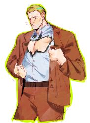  1boy ahoge bara blonde_hair character_request cropped_legs facial_hair flying_sweatdrops formal highres large_pectorals male_focus mature_male mikeyyangel0 muscular muscular_male pectoral_cleavage pectorals shirt short_hair sideburns_stubble solo standing stubble suit tetsuwan_atom torn_clothes torn_shirt unfinished 