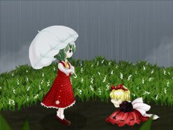  2girls ascot back_bow black_shirt blonde_hair bow brown_footwear covering_face crossed_arms field flower flower_field frilled_ascot frills green_hair hair_ribbon holding holding_umbrella kazami_yuuka lily_of_the_valley loafers long_sleeves looking_at_another medicine_melancholy medinki multiple_girls nameless_hill official_style outdoors over_shoulder overcast parasol plaid plaid_skirt plaid_vest puffy_short_sleeves puffy_sleeves rain red_eyes red_ribbon red_skirt red_vest ribbon shadow shirt shoes short_sleeves sitting skirt sky socks standing touhou umbrella umbrella_over_shoulder vest white_bow white_flower white_shirt white_socks white_umbrella yellow_ascot zun_(style) 
