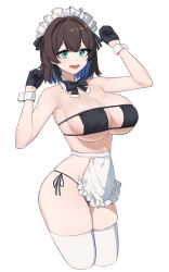  1girl :d absurdres aningay apron arm_up bare_shoulders bikini black_bikini black_bow black_gloves blue_hair bow breasts brown_hair collar collarbone copyright_request cropped_legs eyepatch_bikini frilled_apron frills gloves green_eyes half_gloves hand_up highres large_breasts maid_headdress multicolored_hair open_mouth side-tie_bikini_bottom simple_background smile solo swimsuit thighhighs two-tone_hair waist_apron white_apron white_background white_collar white_thighhighs wrist_cuffs 