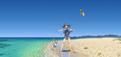  1girl animal aoi_sora_(pairan) blue_sky brown_eyes brown_hair collared_shirt dog footprints full_body hat midriff navel ocean open_mouth original outdoors outstretched_legs pairan photo_background plaid plaid_shirt sand shirt sky slippers smile solo straw_hat twintails unworn_hat unworn_headwear unworn_slippers 