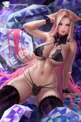 1girl ahri_(league_of_legends) animal_ears arm_support arm_up black_bra black_thighhighs blonde_hair blue_eyes bra breasts cleavage commentary facial_mark fox_ears front-tie_bra gradient_hair hair_ornament hairclip highres k/da_(league_of_legends) large_breasts league_of_legends lingerie long_hair looking_at_viewer mole mole_on_thigh multicolored_hair petals pink_hair prywinko sitting solo spread_legs thighhighs tongue tongue_out underwear underwear_only very_long_hair whisker_markings rating:Questionable score:59 user:danbooru