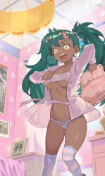  1girl arm_up blush breasts covered_erect_nipples dark-skinned_female dark_skin feet_out_of_frame gluteal_fold green_hair hair_ornament highres holding holding_pillow horns indoors long_hair long_sleeves medium_breasts nipples open_clothes open_mouth open_shirt original over-kneehighs panties pillow see-through shirt solo standing striped_clothes striped_thighhighs tearing_up thighhighs twintails underboob underwear v-shaped_eyebrows very_long_hair yellow_eyes yugen99 