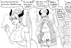  1boy 2girls anger_vein backless_outfit bb_(baalbuddy) breasts cigarette commentary coomer_(meme) demon_girl demon_horns demon_wings denim denim_shorts english_commentary english_text glasses greyscale highres horns jacket large_breasts mature_female meme mole mole_under_eye monochrome mother_and_daughter multiple_girls open_clothes open_jacket original pubic_tattoo short_shorts shorts simple_background smoking speech_bubble tank_top tattoo white_background wings  rating:Sensitive score:21 user:danbooru