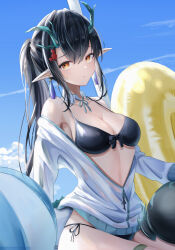  arknights ball bare_shoulders beachball bikini black_bikini black_bra black_hair black_panties bow bow_bra bra breasts cleavage closed_mouth crab_hair_ornament detached_collar dragon_horns dusk_(arknights) earrings hair_between_eyes highres horns inflatable_toy innertube jacket jewelry large_breasts off_shoulder ohagi_umeume open_clothes open_jacket panties pointy_ears polka_dot polka_dot_background ponytail sky sweat swim_ring swimsuit tassel tassel_earrings thigh_strap underwear white_jacket yellow_eyes 