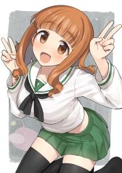  1girl :d anglerfish artist_name black_neckerchief black_thighhighs blunt_bangs blush breasts brown_eyes couzone double_v fish girls_und_panzer green_skirt highres large_breasts long_hair long_sleeves looking_at_viewer neckerchief ooarai_school_uniform open_mouth orange_hair pleated_skirt school_uniform serafuku shirt sidelocks skirt smile solo takebe_saori thighhighs v white_shirt 