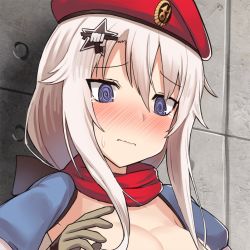 1girl 9a-91_(girls&#039;_frontline) beret blue_eyes blush breasts cleavage closed_mouth dakunesu girls&#039;_frontline gloves grey_gloves hair_ornament hat long_hair looking_down red_scarf scarf silver_hair simple_background solo_focus star_(symbol) star_hair_ornament sweatdrop tears rating:Sensitive score:4 user:danbooru