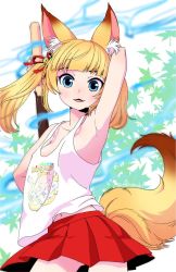  1girl animal_ears arm_behind_back arm_behind_head arm_up armpits blonde_hair blue_eyes edih fangs flat_chest food fox_ears fox_tail kemomimi_oukoku_kokuei_housou long_hair looking_at_viewer mikoko_(kemomimi_oukoku_kokuei_housou) miniskirt navel oversized_object pink_vest pocky print_shirt print_vest red_skirt shirt skirt smile solo tail twintails upper_body vest virtual_youtuber 