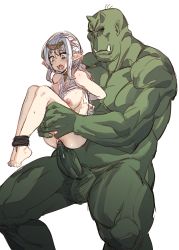 1boy 1girl arms_behind_back barefoot bound_ankles bow_(bhp) breasts colored_skin elf green_skin hetero interspecies large_breasts lifting_person long_hair nipples nude open_mouth orc original penis pointy_ears sex simple_background size_difference tusks uncensored vaginal white_background white_hair rating:Explicit score:118 user:danbooru