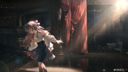  1girl absurdres black_skirt bow bowing brown_hair closed_eyes curtains feet_out_of_frame from_side hair_bow highres indoors jacket leaning_forward lens_flare long_hair long_sleeves medium_skirt mol-- off_shoulder official_art pink_bow puffy_long_sleeves puffy_sleeves punishing:_gray_raven scenery selena_(pgr) shirt sidelighting skirt sleeveless sleeveless_shirt smile solo sparkle spotlight stage stage_curtains standing theater theater_seating weibo_logo weibo_watermark white_jacket white_shirt 