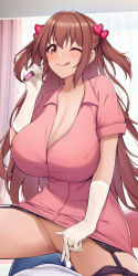  1girl ;q aged_up alternate_breast_size black_panties breasts brown_hair cleavage commission covering_crotch covering_privates garter_straps gloves hair_ornament heart heart_hair_ornament highres holding holding_syringe huge_breasts jewelry kannko_bokujou looking_at_viewer nozomi_(princess_connect!) nozomi_(real)_(princess_connect!) one_eye_closed panties panties_around_leg princess_connect! ring skeb_commission solo syringe thighs tongue tongue_out two_side_up underwear white_gloves  rating:Questionable score:66 user:danbooru