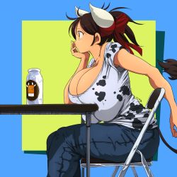 1girl animal_print belt blue_background bottle breast_press breast_rest breasts brown_hair chair cleavage cow_girl cow_horns cow_print cow_tail denim gigantic_breasts hair_ribbon hataraki_ari head_rest horns milk milk_bottle original ponytail profile ribbon shiny_skin shirt short_hair simple_background sitting solo sukimi t-shirt table tail yellow_eyes rating:Questionable score:104 user:leejunne