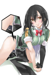  1girl black_gloves black_hair black_panties black_thighhighs breasts brown_eyes character_name chikuma_(kancolle) chikuma_kai_ni_(kancolle) commentary_request dated elbow_gloves gloves highres inset kantai_collection large_breasts long_hair one-hour_drawing_challenge panties pelvic_curtain puffy_short_sleeves puffy_sleeves short_sleeves simple_background single_elbow_glove single_glove single_thighhigh sitting solo thigh_strap thighhighs tororo_ten twitter_username underwear white_background yokozuwari 