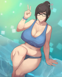 1girl bare_shoulders beads belly breasts brown_eyes brown_hair cleavage covered_erect_nipples curvy glasses hair_bun hair_ornament hair_stick higher_resolution_available highres huge_breasts looking_at_viewer mei_(overwatch) metal_owl_(aden12) navel overwatch overwatch_1 panties short_hair smile solo tank_top thick_thighs thighs underwear v wide_hips rating:Sensitive score:314 user:danbooru