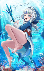  1girl absurdres animal_hood ass barefoot blue_eyes blue_hair blue_hoodie blunt_bangs bottomless commentary_request eyelashes feet fins fish fish_tail full_body gawr_gura gawr_gura_(1st_costume) grey_hair hands_up highres holding hololive hololive_english hood hoodie kanpancake legs long_hair long_sleeves mixed-language_commentary multicolored_hair nail_polish ocean polearm print_hoodie shark_girl shark_hood shark_print shark_tail sharp_teeth soles solo spread_toes streaked_hair tail teeth thighs toenail_polish toenails toes trident underwater virtual_youtuber weapon  rating:Sensitive score:41 user:danbooru